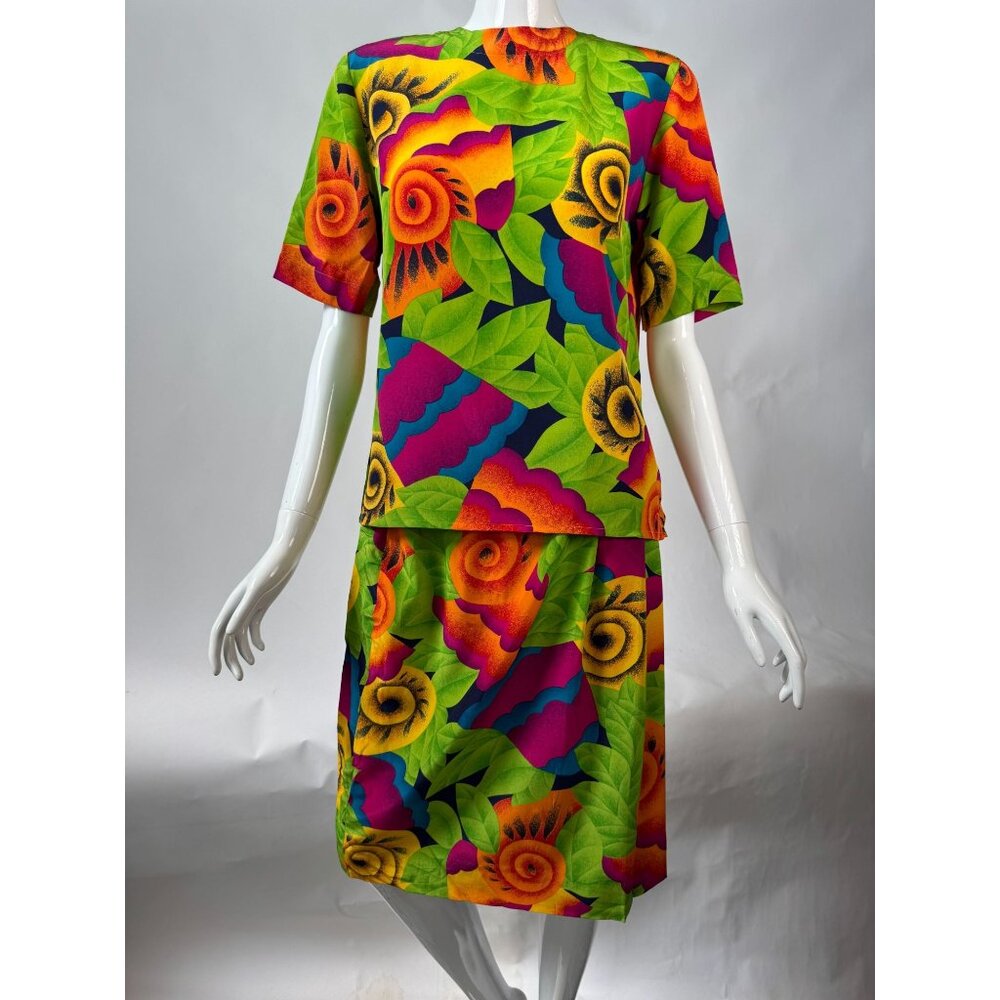 Evan-Picone Petites Size 2 & 4 Vintage 90s Acid Green Silk Floral Two-Piece Skir